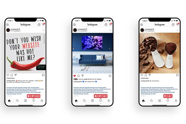 Social media campaign designs shown on iPhones