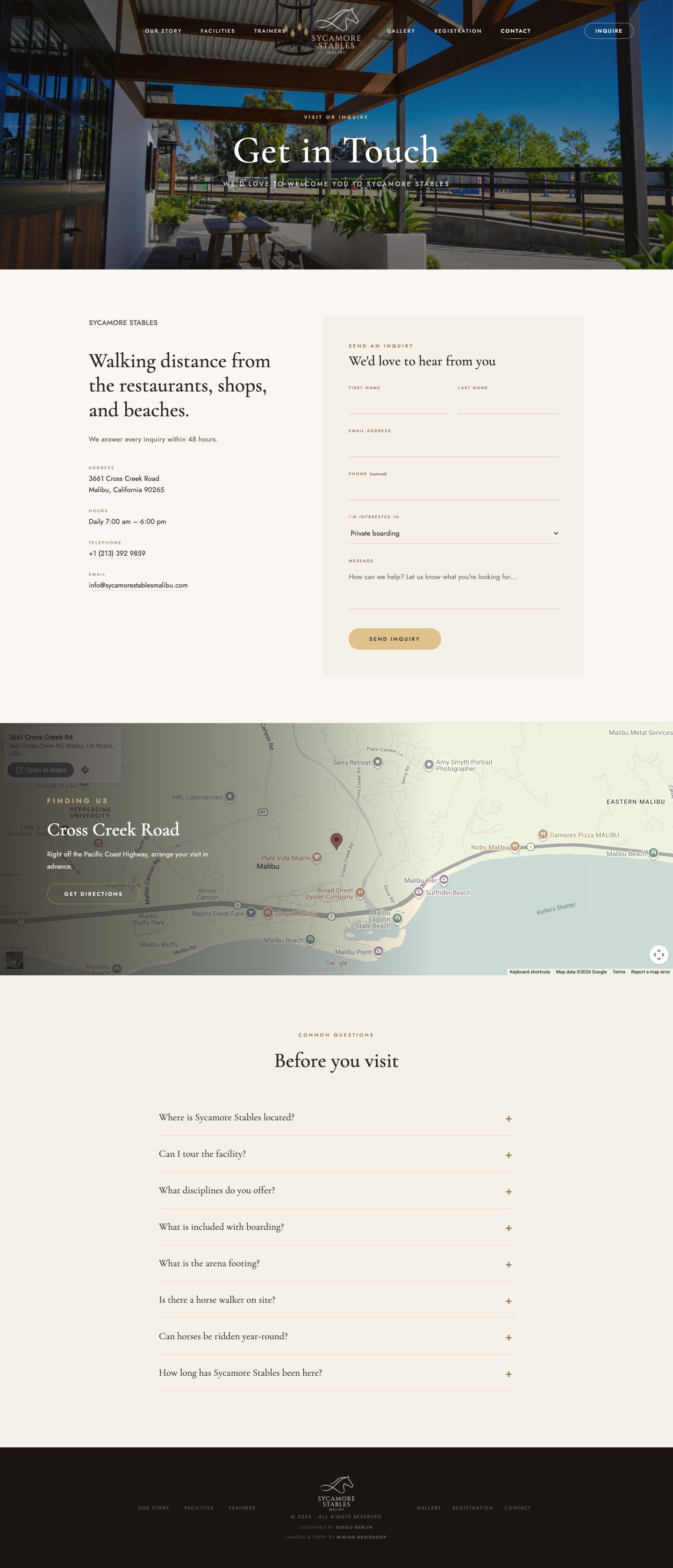 Sycamore Stables contact page: inquiry form, contact details, live Google Map and visitor FAQ