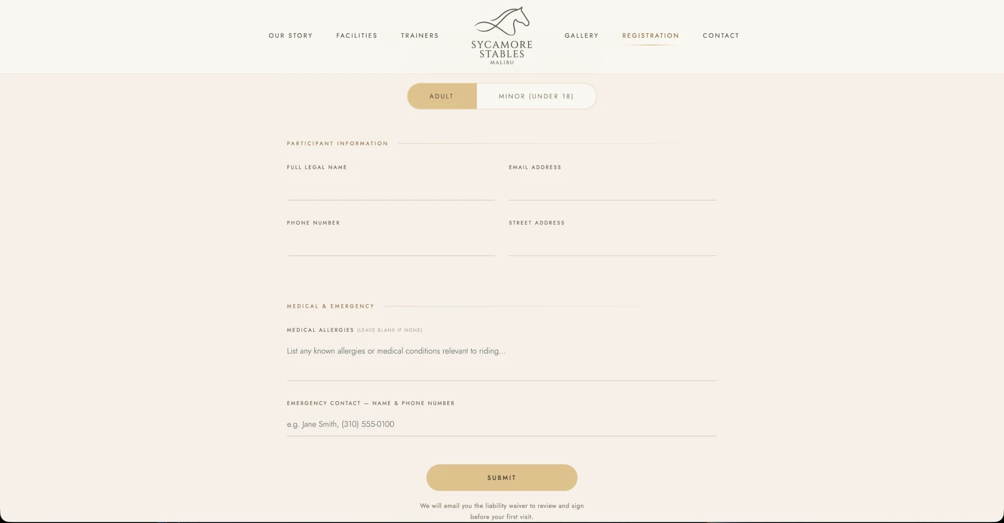 Sycamore Stables online registration form
